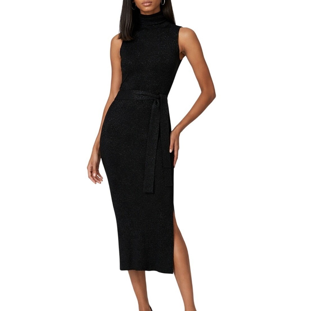 NWT PAIGE Zoelle Glitter Knit Sweater Dress M‎ Black Sparkle Midi Turtleneck